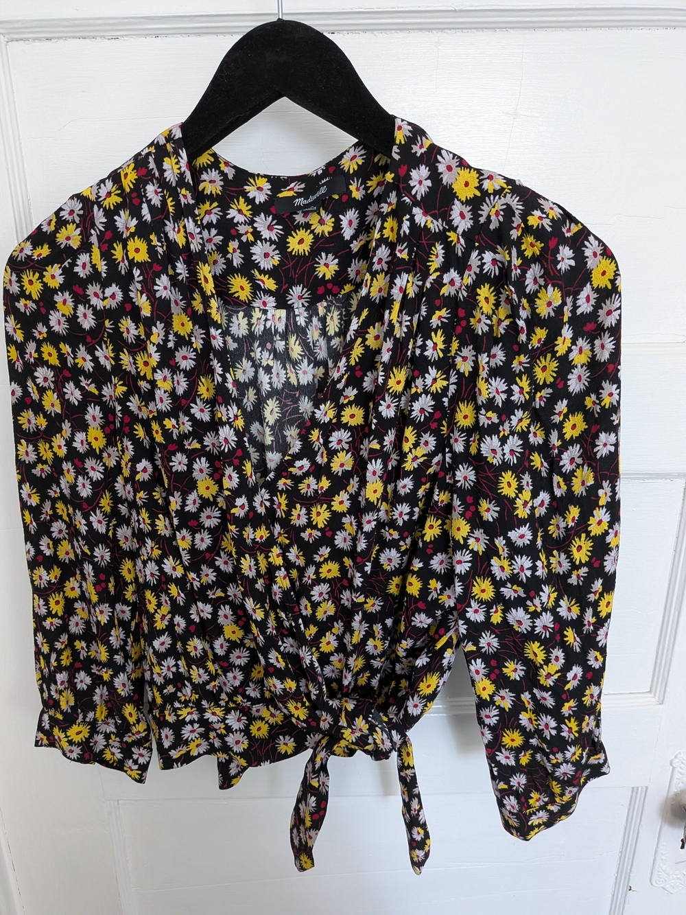 Madewell By J.Crew Black French Floral Wrap Side Closure V Neck Blouse